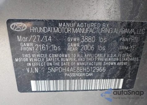 2014 Hyundai Elantra Se из США, поврежденный, VIN 5NPDH4AE8EH512966